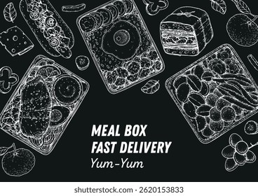 Lunch box frame. Hand drawn vector illustration. Meal box sketch. Top view. Menu design elements, packaging background template.