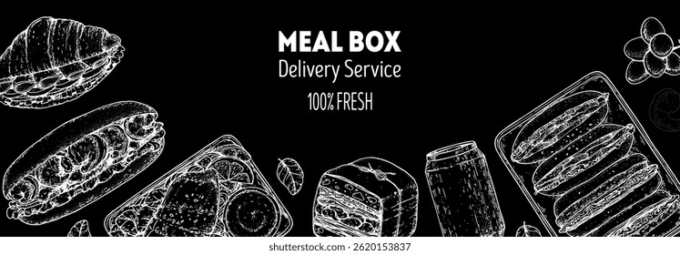 Lunchbox-Rahmen. Handgezeichnete Vektorgrafik. Essensbox-Skizze. Draufsicht. Menüentwurfselemente, Vorlage für den Verpackungshintergrund.
