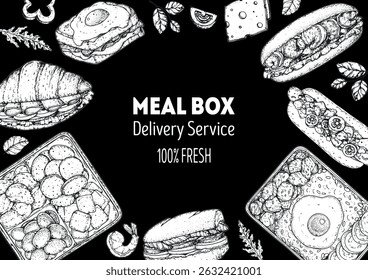 Lunch box frame. Hand drawn vector illustration. Meal box sketch. Top view. Menu design elements, packaging background template.