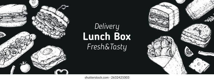 Lunch box frame. Hand drawn vector illustration. Meal box sketch. Top view. Menu design elements, packaging background template.