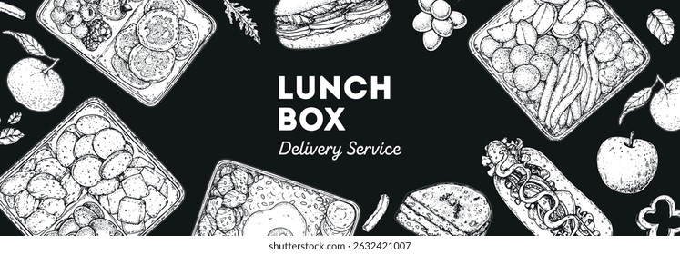 Lunch box frame. Hand drawn vector illustration. Meal box sketch. Top view. Menu design elements, packaging background template.