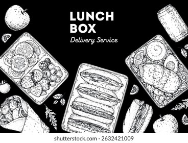 Lunch box frame. Hand drawn vector illustration. Meal box sketch. Top view. Menu design elements, packaging background template.