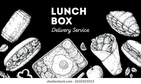 Lunch box frame. Hand drawn vector illustration. Meal box sketch. Top view. Menu design elements, packaging background template.