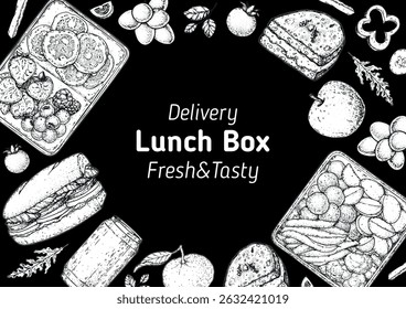 Lunch box frame. Hand drawn vector illustration. Meal box sketch. Top view. Menu design elements, packaging background template.