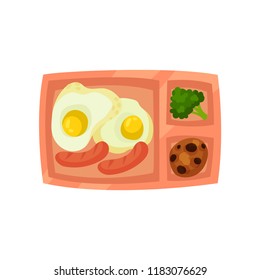 Lunch box with fried eggs and sausages, fresh broccoli and cookie with chocolate chunks. Traditional breakfast. Flat vector icon