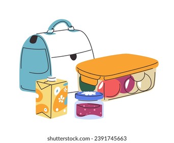 Lunch box with fruits or vegetables, dairy product and jam. Isolated school bag and food container, milk drink and glass jar. Well balanced nutrition. Midday meal for children. Vector in flat style