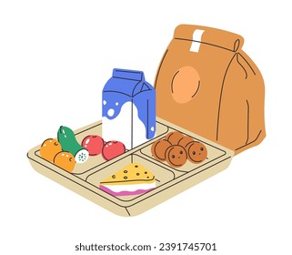 Lunch box with fruits and vegetables, dairy product and healthy snacks. Isolated paper bag and meal container with food and drink. Rational and balanced nutrition for wellness. Vector in flat style