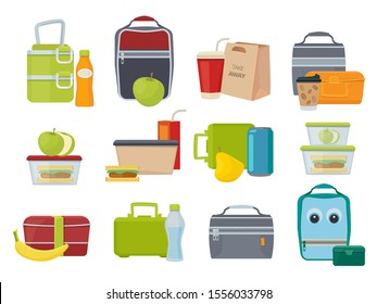 Lunch Box. Fruits And Vegetables For Kids Dinner Lunch Drinks And Foods Banana Juice Sandwich Product Packages Vector