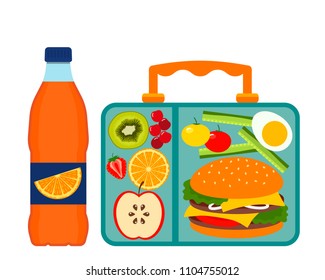 Lunch box with a good lunch for the schoolboy - hamburger, fruit, vegetables and drink. flat vector illustration isolated on white background