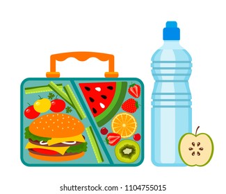 Lunch box with a good lunch for the schoolboy - hamburger, fruit, vegetables and drink. flat vector illustration isolated on white background