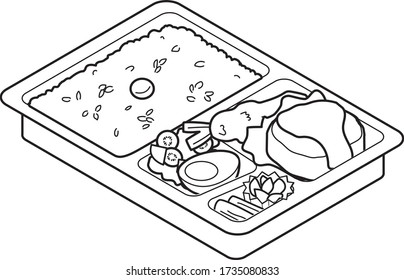 Lunch box of 
hamburger and shrimp