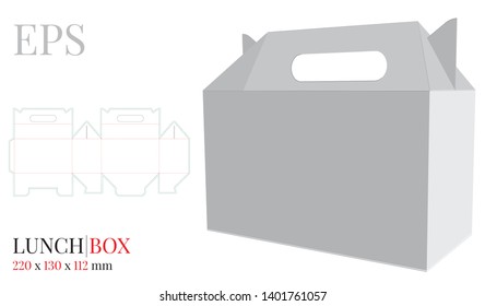 Lunch Box with Handle Template, Vector with die cut / laser cut layers. White, clear, blank, isolated Lunch Box mock up on white background. Delivery Box packaging design ready for your brand and logo