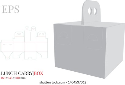 Lunch Box With Handle Template, Vector With Die Cut / Laser Cut Layers. Delivery Box, Self Lock Box. White, Blank, Clear, Isolated Lunch Box Mock Up On White Background, Perspective View, Without Glue