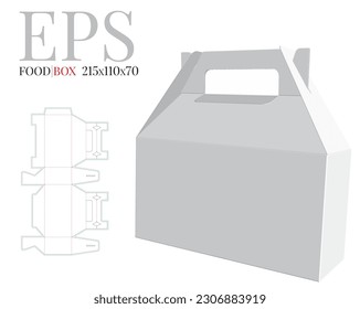 Caja de almuerzo con plantilla de manija, Vector con corte de muda, capas de corte láser. Caja de alimentación de entrega. Caja de papel blanca, en blanco, clara y aislada se burla del fondo blanco Diseño de empaque