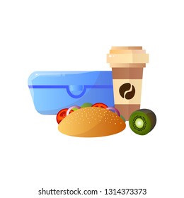 Lunch Box with Healthy Food, Burger, Kiwi Fruit and Paper Cup of Coffee, School Lunch in Container Vector Illustration