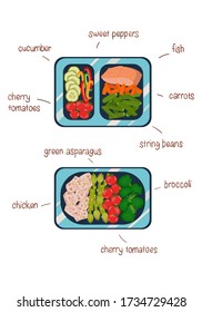 Lunch box with healthy food, dietary food from vegetables, fish, chicken. Colored containers prepared meal. Icons. Description of food in a container