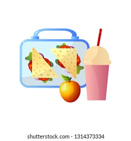 Lunch Box with Healthy Food, Sandwiches, Apple and Drink, School Lunch in Container Vector Illustration