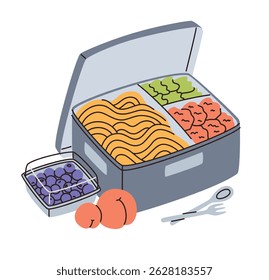 Lunch Box with healthy food. Spaghetti, greens, fruits, berries. Flat vector illustration.