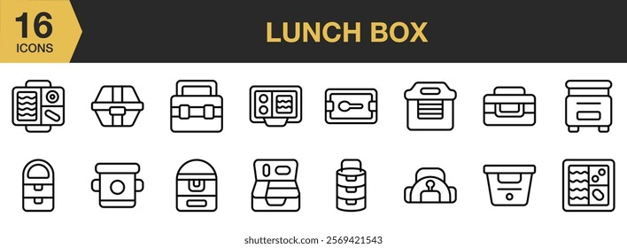 Lunch Box icon set. Includes Bento, Box, Cuisine, Japanese, Lunch, Lunchbox, Meal, and More. Outline icons vector collection.