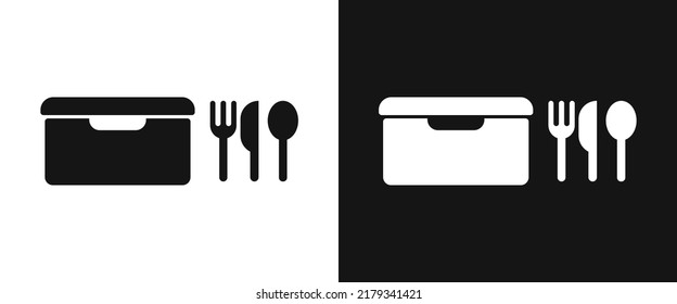 Lunch box icon for web. Simple lunchbox web icon silhouette with invert color. Cute lunch box with cutlery solid black icon vector design. Student lunch box symbol vector. School supplies concept