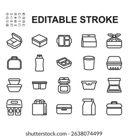 Lunch box icons collection. Thin line style vector. Contains icons of various shapes of lunch boxes.