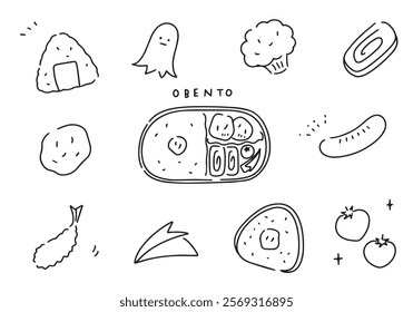 Lunch box ingredients hand drawn icon style line drawing set