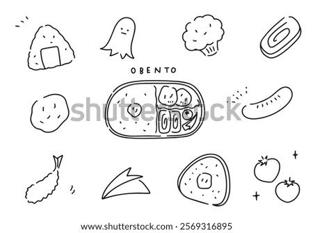 Lunch box ingredients hand drawn icon style line drawing set