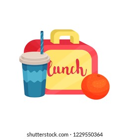 Lunch box, juicy orange, cocktail in plastic cup with lid and drinking straw. School food and drink. Flat vector design