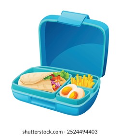 Lunch box with kebab wrap, fries, and eggs in compartments. Vector cartoon illustration