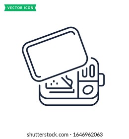 Lunch box line icon isolated on a white background. Reusable metal container with snacks. Outline symbol. Vector lunchbox sign.