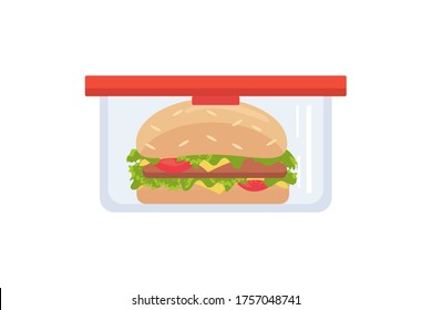Caja de almuerzo recipiente con hamburguesa. Los niños de las comidas escolares tienen ilustraciones vectoriales en dibujos animados planos aislados en fondo blanco.