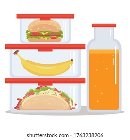 Lunch box meal container with hamburger, tacos, yellow banana and an orange juice. School meal children stock vector illustration in flat cartoon style isolated on white background.