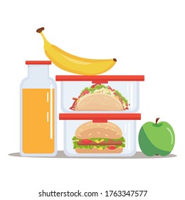Lunch box meal container with hamburger, tacos, green apple, yellow banana and an orange juice. School meal children stock vector illustration in flat cartoon style isolated on white background.
