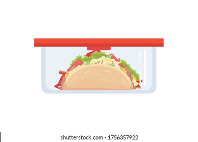Lunch box meal container with taco. School meal children stock vector illustration in flat cartoon style isolated on white background.