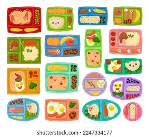 Cajón de almuerzo o bandejas de comidas con comida servida y comida saludable para niños por encima de la vista Gran Vector Set