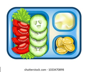 Lunch Box Meals Healthy Diet Food Of Vegetables Salad And Cookies Vector Flat Icon