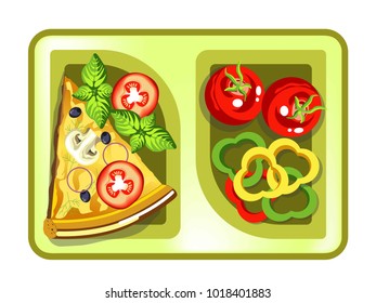 Lunch box with meals of pizza slice and vegetable salad.