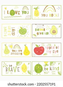 Lunch Box Notes for Kids. Cute Inspirational and Motivational Thinking of You Cards for child. Fruits collection. Vector illustration
