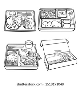 Lunch box on the plane: container, fast food, tea, salad, main course, dessert, cutlery, napkins. Sketch vector objects. Line set food.