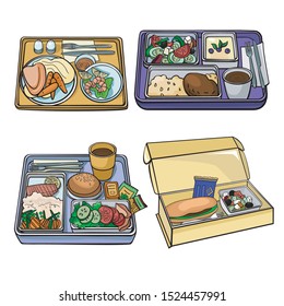 Lunch box on the plane: container, fast food, tea, salad, main course, dessert, cutlery, napkins. Color sketch.