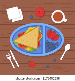 Lunch box on table. Place to eat food container sandwiches sliced fresh healthy fruits vegetables for dinner breakfast. Vector pictures lunch food, meal in container, dinner illustration