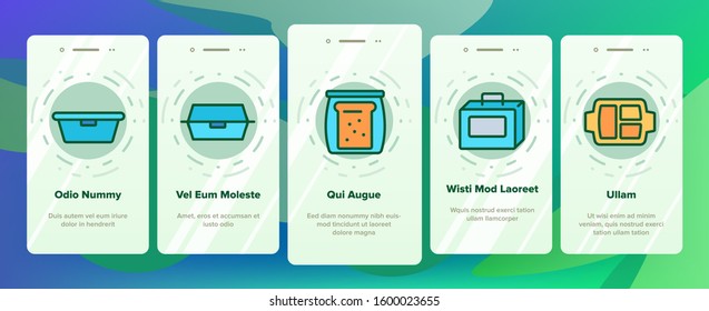 Lunch Box Onboarding Mobile App Page Screen Vector Plastic School Lunch Box And Container For Transportation Nutrition Illustrations