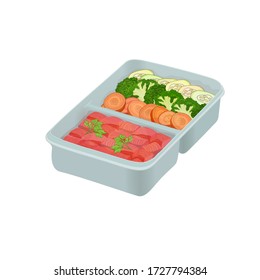 Lunch box with prepared food for delivery. A delicious set of healthy products, pieces of fish and fresh chopped vegetables