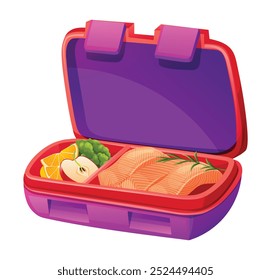 Lunch box with salmon, fruits, and vegetables in compartments. Vector cartoon illustration