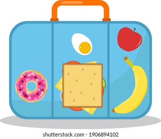 Lunch Box, Lunch Box With Sandwich, Banana, Apple And Donut. Vector Cartoon Illustration. Vector.