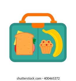 Lunch Box With School Lunch: Banana Sandwich And Muffin. Flat Vector Illustration.