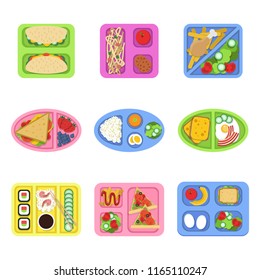 Lunch box. School fresh healthy food in plastic containers with vegetables, meal and sliced products for breakfast. Vector pictures container with breakfast, fresh healthy lunch illustration