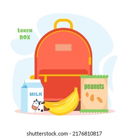 Lunch Box With School Meal Cartoon Banana, Milk, Peanuts, Sandwich, Soda. Flat Vector Illustration Isolated On White. Colorful Appetizing Snack Food In Kids Lunch Box. Colored Healthy Meals Storage. 