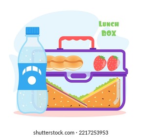 Lunch box with school meal cartoon plastic container with sandwiches, cookies, frut and water. Flat vector illustration isolated on white. Colorful appetizing snack food in kids lunch box. Colored hea