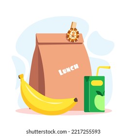 Lunch box with school meal cartoon organic paper bag with school meal, banana and juice. Flat vector isolated illustration. Colorful appetizing snack food in kids lunch box. Healthy meals storage.